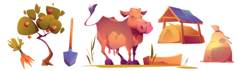Cow on farm cartoon vector illustration set. Hay stack, sack, shovel, apple tree and bunch of carrots isolated on white background. Organic fruit, vegetable, milk production. Agricultural business
