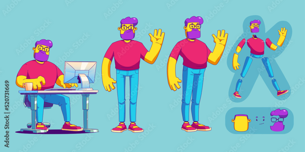 Poster man character sitting at table with computer and standing. vector animation set with parts of body a
