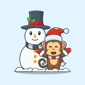 Cute monkey play with Snowman. Cute christmas cartoon illustration.