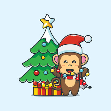 Cute monkey with christmast lamp. Cute christmas cartoon illustration.