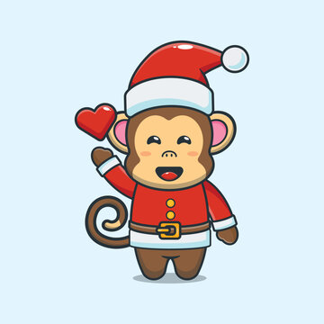Cute monkey wearing santa costume. Cute christmas cartoon illustration.