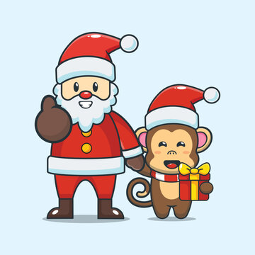 Cute monkey with santa claus. Cute christmas cartoon illustration.
