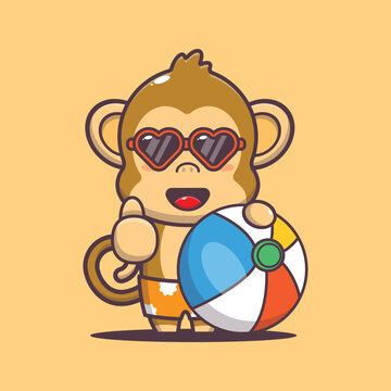 Cute monkey cartoon mascot character with beach ball