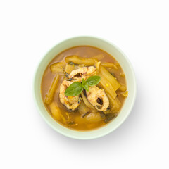 Green Taro curry with fish in bowl isolated on white background , thai food , top view , flat lay.