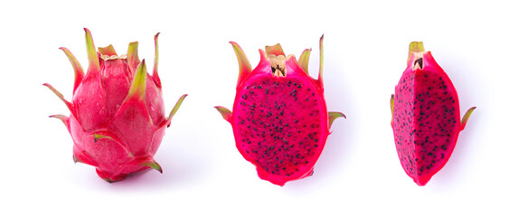 Red dragon fruit with slice isolated on white background , top view , flat lay.