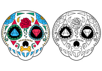 Sugar skull - coloring page with coloring example. The day of the Dead. Coloring book, design element for poster, card, banner, print.