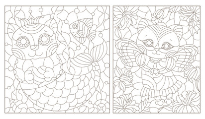 Fototapeta premium A set of stained glass illustrations with a mermaid cat and a fairy cat, animals isolated on a white background