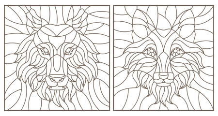 Set of contour stained glass illustrations with fox and wolf heads, square images, dark outline on white background