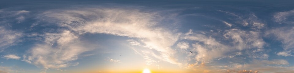 Blue sunset sky panorama with puffy Cumulus clouds. Seamless hdr pano in spherical equirectangular format. Complete zenith for 3D visualization, game and sky replacement for aerial drone 360 panoramas