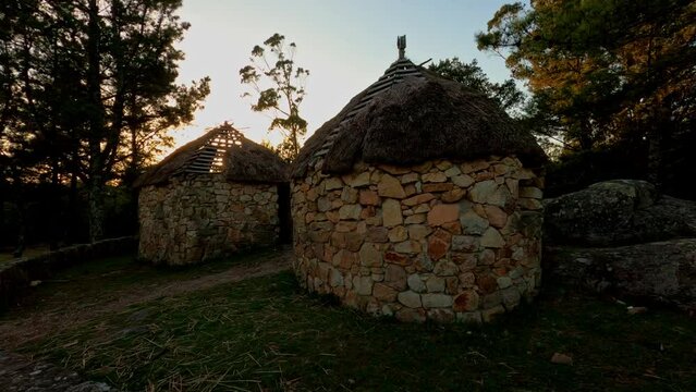Establisher view of Celtic town houses in Ribeira, Galicia, Spain, circle pan