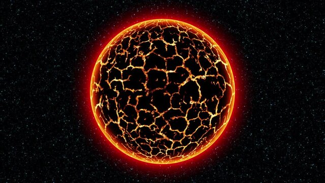 Rotaing red planet or Red Dwarf star dying 3D animation. Hot lava on the planet. Seamless loopable animation.
