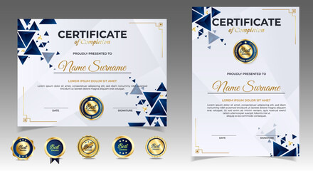 Certificate of appreciation template, gold and blue color. Clean modern certificate with gold badge. Certificate border template with luxury and modern line pattern. Diploma vector template. EPS 10 - obrazy, fototapety, plakaty