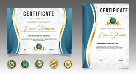 Certificate of appreciation template, gold and green color. Clean modern certificate with gold badge. Certificate border template with luxury and modern line pattern. Diploma vector template. EPS 10