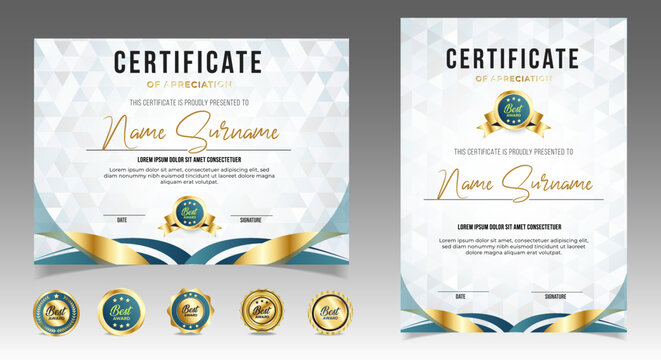 Certificate of appreciation template, gold and green color. Clean modern certificate with gold badge. Certificate border template with luxury and modern line pattern. Diploma vector template. EPS 10