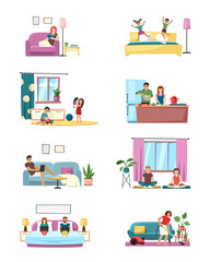family routine. mother and father relax time kids playing mom making daily cleaning with vacuum cleaner family spend time together. Vector concept pictures