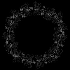 Vector round frame, border from white contoured cute dragonflies and flowers on black background. Dark background, decoration