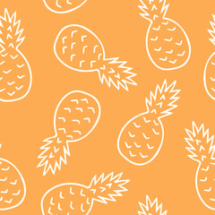 pineapple seamless pattern hand drawn in doodle. tropical fruits in a simple line style