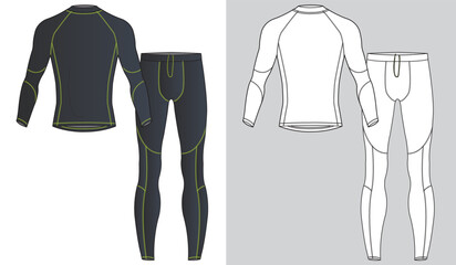 mens base layer set top and bottom fashion flat sketch vector illustration
