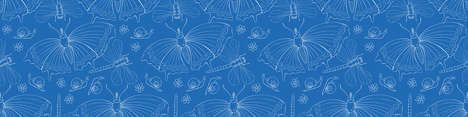 Naklejka na ściany i meble Vector seamless pattern of butterflies, dragonflies, snails and flowers. Doodle style, thin white outline. Flower meadow. Cute texture on theme of nature, spring, summer, children print