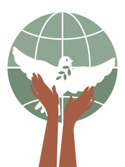The dove of peace is white. The hands of the people hold the bird of hope in the struggle for world peace. Vertical poster Peace to Ukraine. Vector.