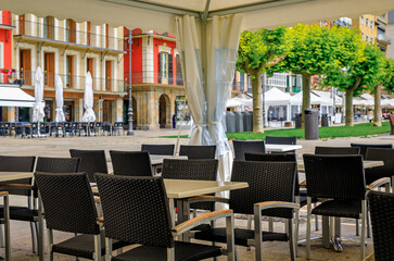 Outdoor cafe on historic Plaza del Castillo in Old Town Pamplona, Spain