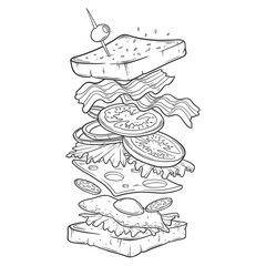 Sandwich constructor. Flying ingredients with big chiabatta bun. Hand drawn sketch style vector illustration. Fast and street food drawing. Ham, cheese, tomato, onion and lettuce.