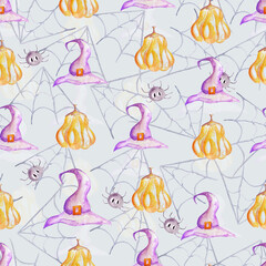 Fototapeta premium Witch hat, pumpkin cobweb halloween watercolor seamless pattern. Template for decorating designs and illustrations.