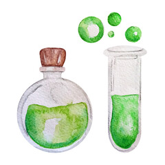Test tube with potion, medicine watercolor single element isolated. Template for decorating designs and illustrations.