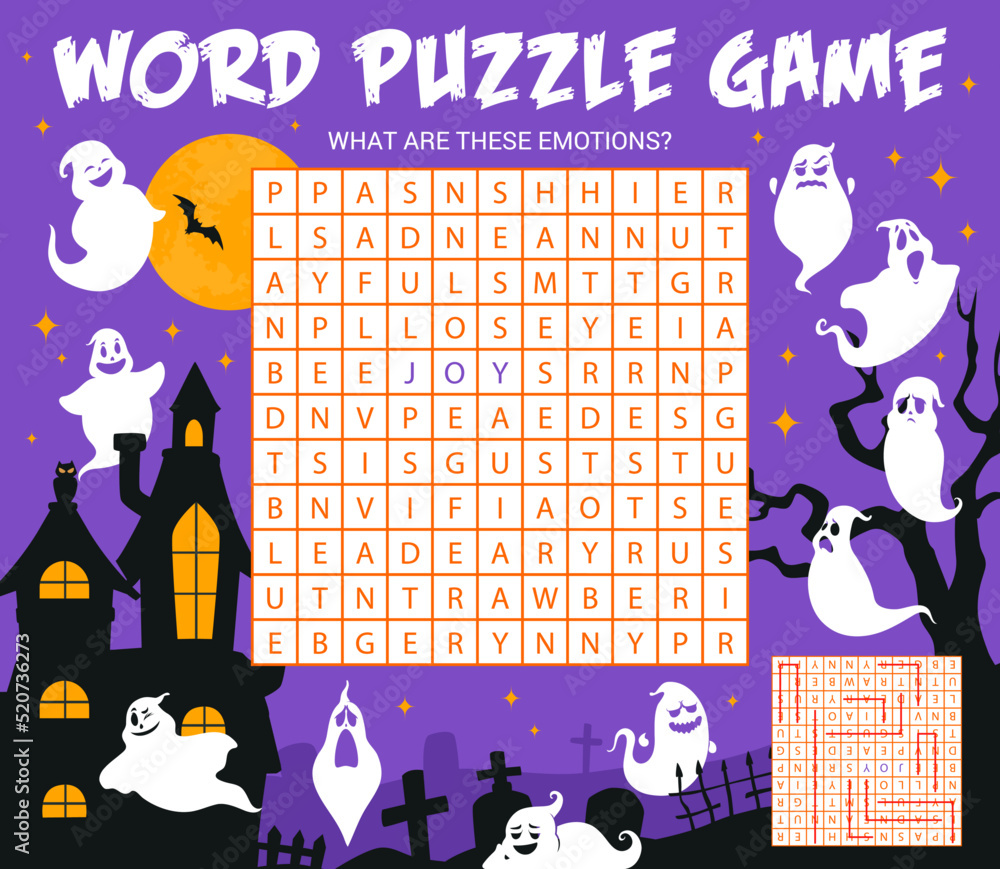 Poster halloween ghosts on cemetery, word search puzzle game worksheet, vector grid. search and find word r