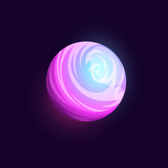 Cartoon pink space planet with round nebula and water. Space alien habitable world, game design element, fantasy exoplanet or kids comic satellite, moon UI vector icon with water or gas surface
