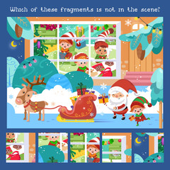 Find hidden fragments. Game for children. Cute Santa, deer, elves prepare for Christmas. Winter scene in cartoon style. Vector illustration.