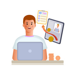 A young man is working on a laptop computer. Creative business ideas, planning of economic tasks.
 3d vector illustration. Cartoon style.