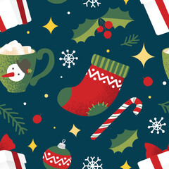 Christmas pattern with mug, marshmallow, sock, decorations, candy, snowflakes, gift box and stars on dark blue background.