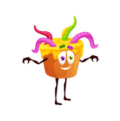 Halloween cake with jelly worms, festive bakery cartoon vector character. Traditional confectionery dessert with colorful earthworms in head. Cute spooky muffin personage, cupcake sweets for kids