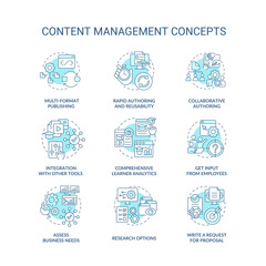 Content management turquoise concept icons set. LMS, CMS functionalities idea thin line color illustrations. Ecommerce. Isolated symbols. Editable stroke. Roboto-Medium, Myriad Pro-Bold fonts used