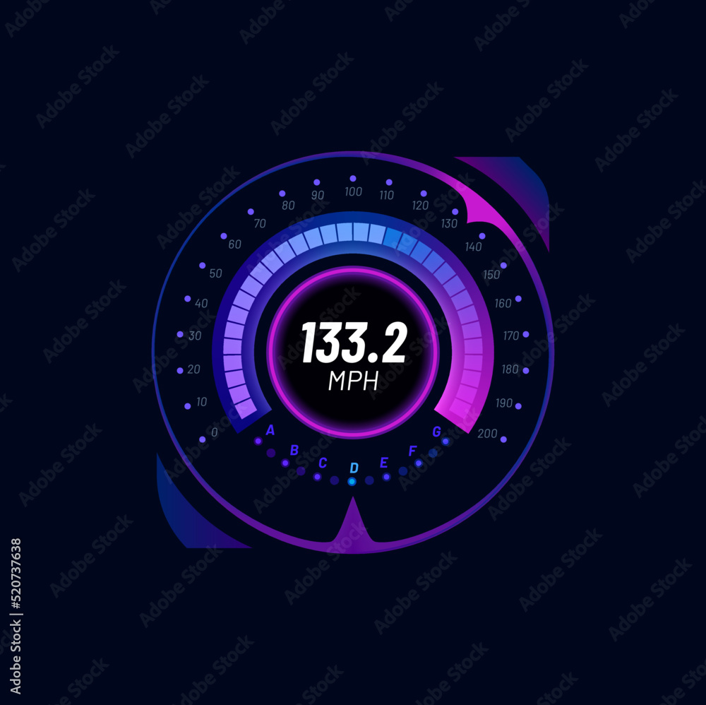 Poster Futuristic car speedometer digital gauge neon dial. Automobile dashboard vector interface, car isolated speed meter gauge or motorbike speedometer display with MPH data, gear and engine boost scale