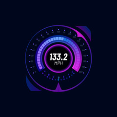 Futuristic car speedometer digital gauge neon dial. Automobile dashboard vector interface, car isolated speed meter gauge or motorbike speedometer display with MPH data, gear and engine boost scale - obrazy, fototapety, plakaty
