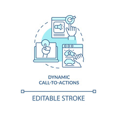 Dynamic call-to-actions turquoise concept icon. Example of dynamic content abstract idea thin line illustration. Isolated outline drawing. Editable stroke. Arial, Myriad Pro-Bold fonts used