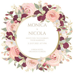 Wreath of flowers with a golden outline. Wedding card template. 