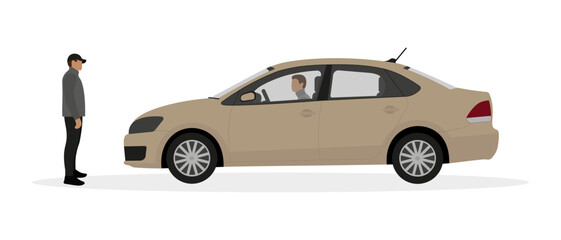 Beige passenger car with a driver and a male character in front of the car on a white background
