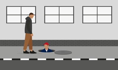 Two male characters, one of which is in an open manhole, together on the sidewalk