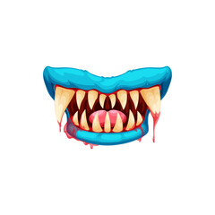Crazy horror face of alien beast and angry zombies with sharp fangs, saliva isolated cartoon blue lips. Vector Halloween monster mouth, teeth and tongue, scary devil and vampire smile with blood