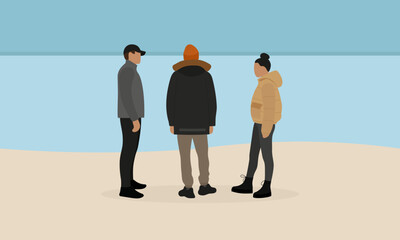 MTwo male characters and female character in jackets are standing on the beach