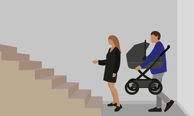 A male character with a baby stroller in his hands and female character are standing in front of the stairs