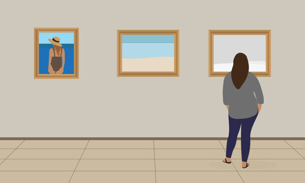 Fat female character looking at paintings hanging on the wall