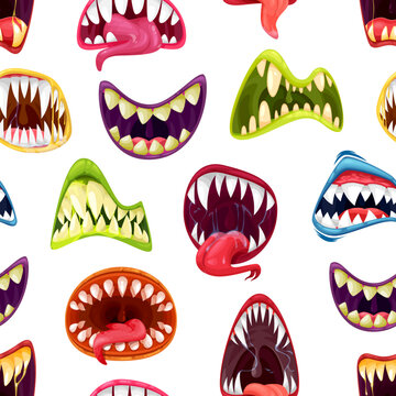 Cartoon monster mouths with teeth vector seamless pattern. Horror background of scary vampire smiles and drool beast jaws with sharp fangs, tongues, open lips, dripping saliva and slime drops
