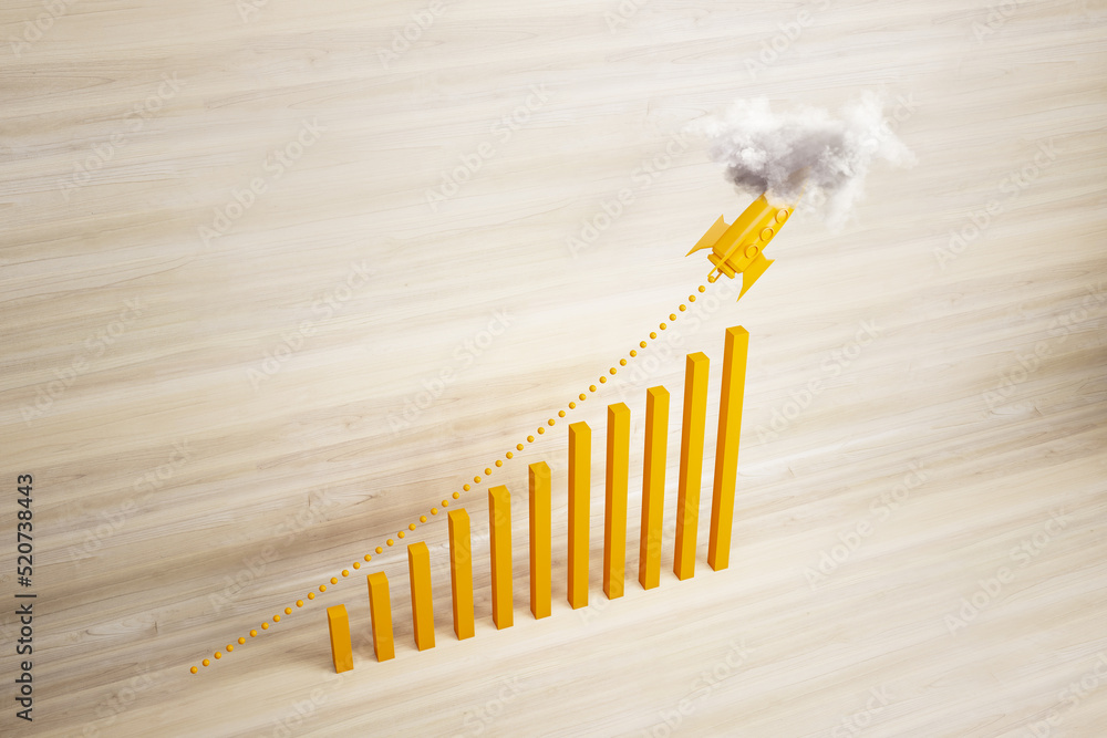 Poster Abstract growing upward chart with rocket in cloud on wooden background. Financial growth and start up concept. 3D Rendering.
