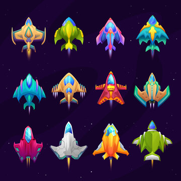 Cartoon starship, spacecraft and spaceship icons. Vector fantasy rockets, futuristic shuttles, vehicles for travel in outer space. Game asset of isolated space ships