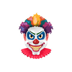Scary circus monster face isolated clown cartoon character. Vector evil joker with yellow teeth, crazy smile, red noses and colored wigs. Halloween holiday funster comedian, dangerous maniac nightmare