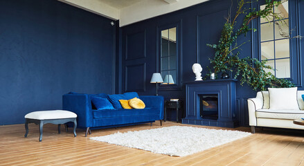 Loft-style interior design, blue and white colors. The floor is wooden.